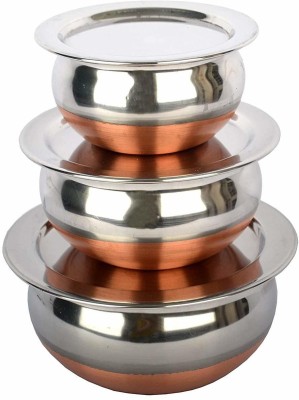 LIMETRO STEEL Stainless Steel Serving Bowl Copper Base Set of 3 Handi Set with Lid(Pack of 3, Steel)