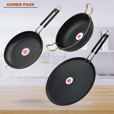 LAZYwindow Traditional Iron Fry Pan / Deep Bottom Kadhai And Tawa with insulated Handle Induction Bottom Cookware Set(Iron, 3 - Piece)