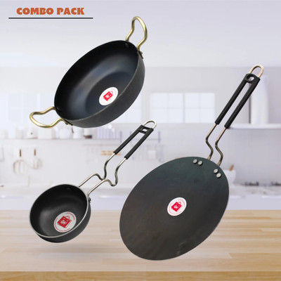 LAZYwindow Traditional Iron Deep Bottom Kadhai, Tawa & Tadka Pan with insulated Handle Induction Bottom Cookware Set(Iron, 3 - Piece)
