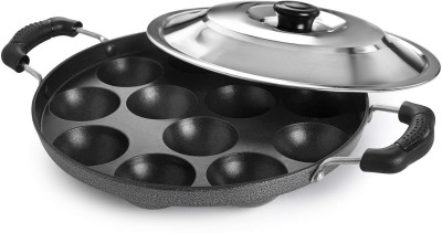 Aquasleri Non-Stick 12 Cavity Grill Appam Patra 2 Side Handle with Stainless Steel Lid Tawa 24 cm diameter with Lid(Aluminium, Non-stick)