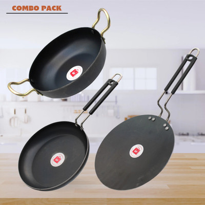 LAZYwindow Traditional Iron Deep Bottom Kadhai, Fry Pan & Tawa with insulated Handle Induction Bottom Cookware Set(Iron, 3 - Piece)