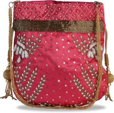 INCROYABLE CRAFT Pink Clutch Embroidered Satin Potli Bag Pearls Handle Purse Clutch For Women