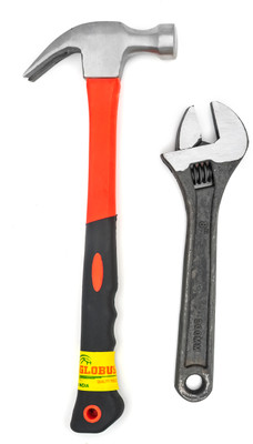 Globus 1607- FIBER GLASS Hammer (0.40 kg)& Adjustable Wrench , Black (8inch/200mm) . Hand Tool Kit(2 Tools)