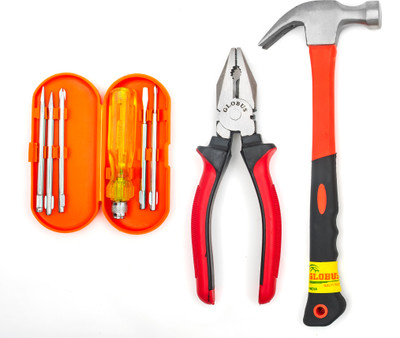 Globus 1603- Fiber Glass Hammer(0.40 kg) Plier 8''(200 mm) & SCREWDRIVER KIT Set/6 PCS Hand Tool Kit(3 Tools)
