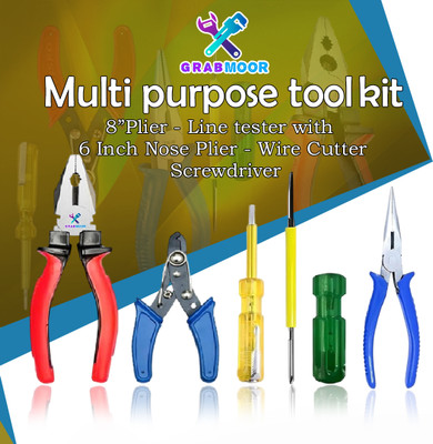 GrabMoor Combo of GM-5Q 8' Plier, Wire Cutter, Tester, 2in1 Screwdriver, Nose Plier Hand Tool Kit(5 Tools)