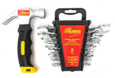 Globus Globus 40-Double Open End Wrench/Spanner SET/8(6X7-20X22)& Stubby Hammer(0.30kg) Hand Tool Kit(2 Tools)