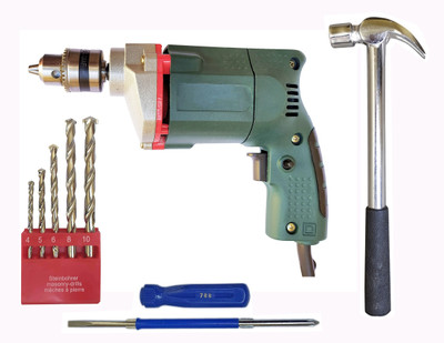 Inditrust Heavy duty 10mm Electric Drill Machine 350 W with Claw Hammer 2in1 Screwdriver and 5pc Masonry drill bit (Pack of 4 set) Power & Hand Tool Kit(8 Tools)