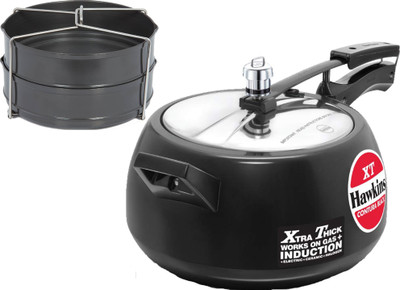 Hawkins Contura Black XT 5 Ltr Pressure Cooker With Hard Anodised 2 Pc Separater Cooker Dabba and Stand 5 L Inner Lid Induction Bottom Pressure Cooker(Aluminium)