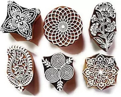 Reniq Wooden Hand Carved Fabric212 Printing Block Wooden Craft Henna Block Printing Blocks(Pack of 6)