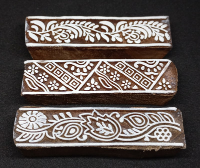 Reniq Art Wooden Printing Border Blocks Stamps Hand Carved Printing Blocks Printing Blocks(Pack of 3)