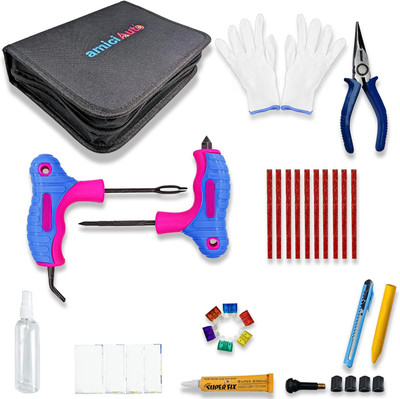 amiciAuto Puncture Repair Complete Kit For Car and Bike Complete Tyre Repair Kit With Easy Storage Nylon Black Bag And Extra Strip Tubeless Tyre Puncture Repair Kit
