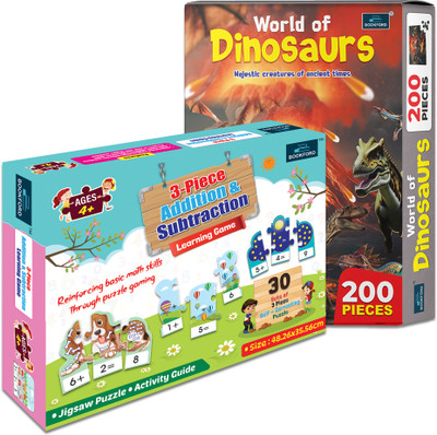 BOOKFORD Exciting Puzzle Combo Set of 2-World of Dinosaurs & 3 Pcs. Add. & Sub. Game(290 Pieces)