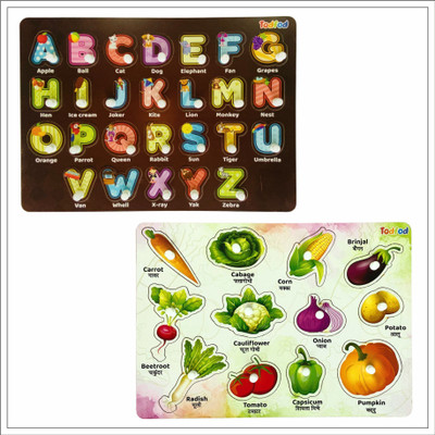 Todfod Wooden Jigsaw Puzzles ABCD 4 in 1 & Vegetable Characters For Kids(1 Pieces)