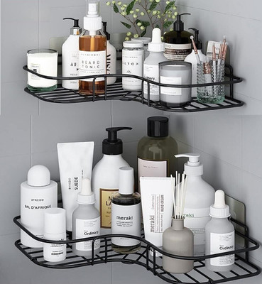 ZenZone Multi-use Self Adhesive Kitchen Bathroom Corner Shelf,storage Rack(Pack Of 02) Iron Wall Shelf(Number of Shelves - 2, Black)