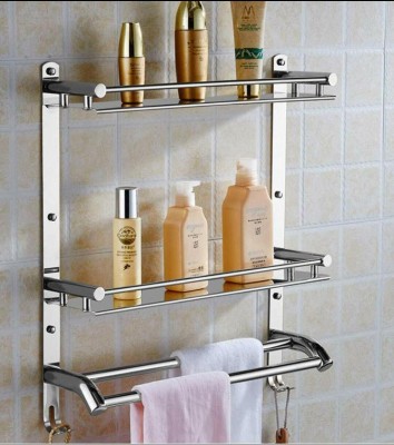 GRIVAN Deluxe Multipurpose Bathroom Shelf/shelve/rack/stand With Towel Rod(Silver)