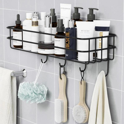 KYASO Wall Mounted Bathroom Shelf, Stainless Steel, Space Saving Storage with Hooks Stainless Steel Wall Shelf(Number of Shelves - 1, Black)