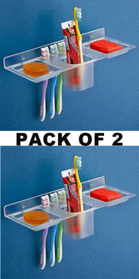 DXDT 4 in 1 Multipurpose(Pack of 2)Bathroom Shelf/soap dish/Toothbrush Tumbler Holder Plastic Wall Shelf(Number of Shelves - 2, Clear)