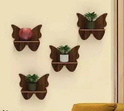 Aarul Fashion Butterfly Pot Stand For Wall Decoration /home /office /bedroom /living room Wooden Wall Shelf(Number of Shelves - 4, Brown)