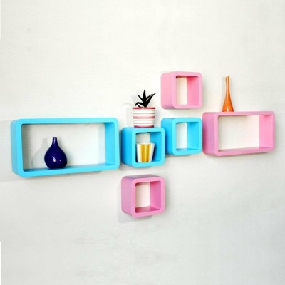 RASTWOOD cube 6 Wooden Wall Shelf(Number of Shelves - 6, Blue, Pink)