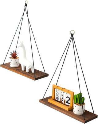 CRAZY SK Macrame Wall Hanging Shelf Wood Floating (White) (pack - 2) Pack of 2(Black)