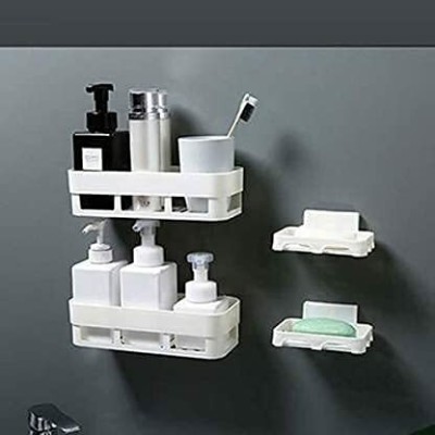 COFP 4PCS Waterproof Kitchen Bathroom Self Adhesive Magic Sticker Soap Dish-white Plastic Wall Shelf(Number of Shelves - 4, White)