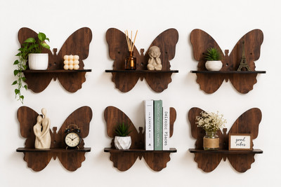 UnnatiTimes Butterfly dizine wall hanging wall self stand Wooden Wall Shelf(Number of Shelves - 6, Brown)