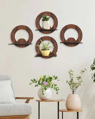 Stalory Round Moon Wooden Wall Hanging Planter Stand/Plant Shelf Wooden Wall Shelf(Number of Shelves - 4, Brown)