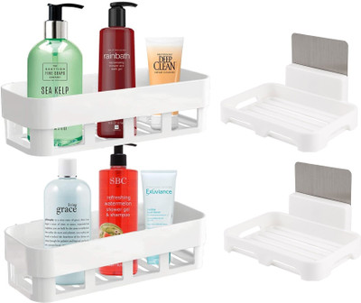Qrex Pack Of 4 ABS Plastic Multiperurpose Home Kitchen Bathroom Accessories Traceless Self Adhesive Wall Mounted Bathroom Shelves And Soap Dish Holder Stick for Shampoo; Conditioner Shower Caddy Rack Shelf with Strong Adhesive Magic Sticker (2 Bathroom Shelves + 2 Soap Dish Holder,WhiteColour)(White