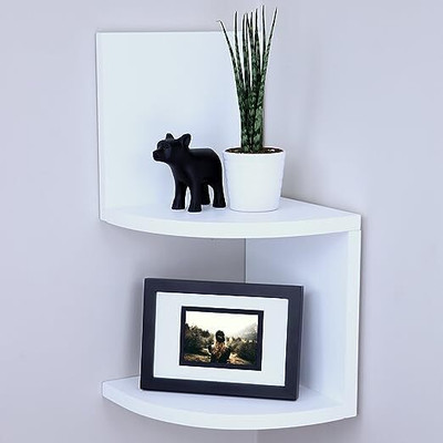Mehsha Zigzag Floating Corner Wall Shelf Stand | Corner Shelf Wooden Wall Shelf(Number of Shelves - 2, White)