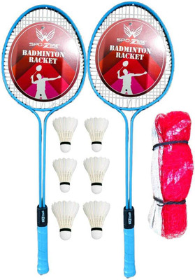 SPO Zone Badminton Racket Set OF 2 With Net And 6 Feathers Cock Blue, Multicolor Strung Badminton Racquet(Pack of: 1, 120 g)