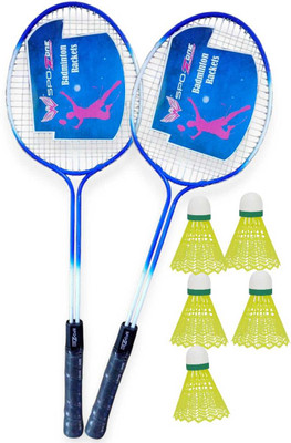 SPO Zone Badminton Kit Combo Set Of 2 Piece Racquet With 5 Piece Plastic Shuttlecock Badminton Kit