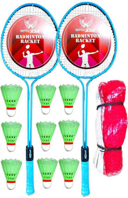 SPO Zone Double Shaft Badminton Racket Combo Kit Set Of 2 Racquet With 8 Shuttlecock Net Badminton Kit