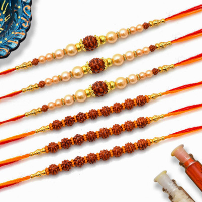 Aahum Sales Designer Different Pattern Pearl Beads Assorted Chawal Roli Pack, Rakhi  Set(6)