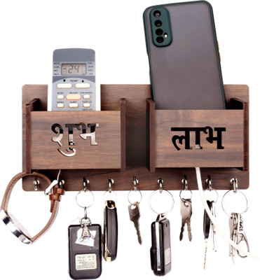 POCKESTER Shubh Labh with Double Mobile Stand Wood Key Holder(9 Hooks, Brown)