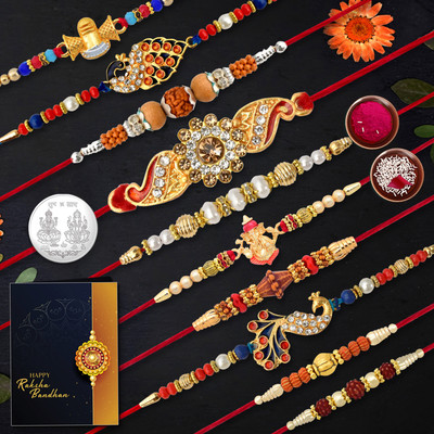 Designer Rakhi, Greeting Card, Chawal Roli Pack(10Pcs Rakhi , Greeting Card , Pooja Coin , Kanku Chokha)