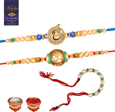 regus Lumba RG_Bhaiya Bhabhi_SET8745 Pearl Rakhi, Chawal Roli Pack, Greeting Card  Set(2 Fancy Rakhi With 1 Lumba Set)