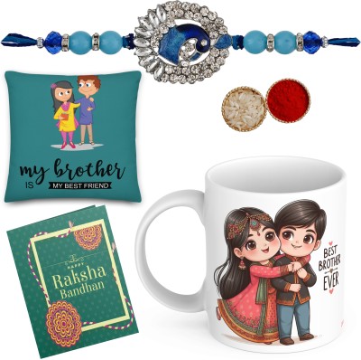 Jivya Rudraksh SSE-Bro208-CS05_P04 Mauli Thread, Gold Finish Cushion, Rakhi, Mug, Greeting Card, Chawal Roli Pack  Set(Designer Rakhi, Best Brother Coffee Mug, Cushion, Greeting Card, Chawal Roli Pack)