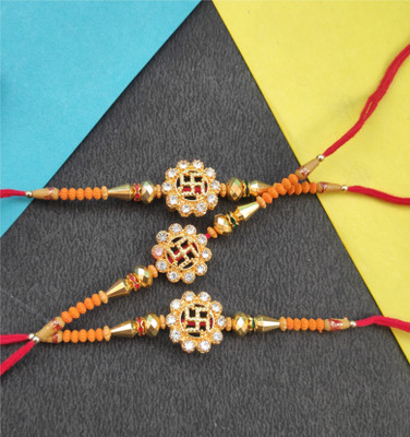 PDR Poonam Designer PD-3 PC Costly Gol Swastik Rakhi-22 Mauli Thread, Pearl Rakhi  Set(3 Piece Fancy Designer Rakhi for Brother)