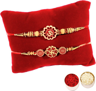 DsGifts Designer Designer Om and Swastik Rakhi Set with Roli Tika for Brother (2 Rakhi) Assorted Rakhi  Set(2 Rakhi with a Pack of Roli Tika)