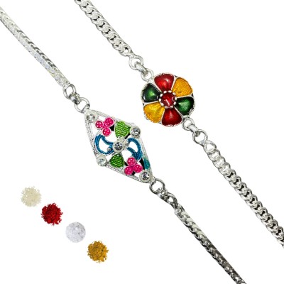 bandhan Bracelet ASI-SILVERRAKHI31 Silver Rakhi, Chawal Roli Pack  Set(2 Silver poslished Rakhi, Roli Chawal)