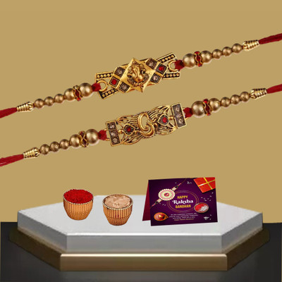 Vibhima Trunkbox Designer OM_GANESH_ J Gold Finish Greeting Card  Set(2 Rakhi Roli chawal)