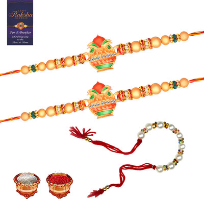 regus Lumba RG_Bhaiya Bhabhi_SET8665 Pearl Rakhi, Chawal Roli Pack, Greeting Card  Set(2 Fancy Rakhi With 1 Lumba)