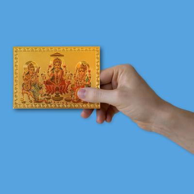 HAWAI Shree Lakshmi Ganesh Sarswati Ji Gold Plated Pocket Size Sticker (3.5inX2.5 in) Religious Frame
