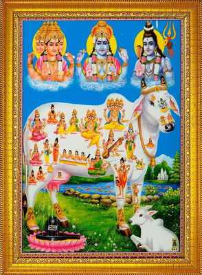Diha Creation kamdhenu Cow with Shiva Parvati,Ganesh ji,Nandi Cow Religious Frame