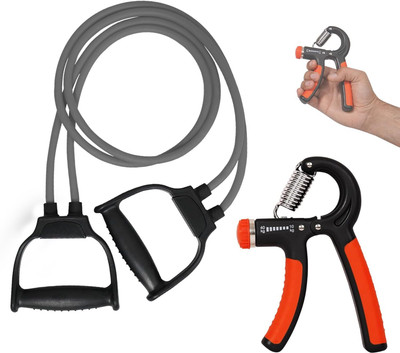 GRYPP Ultimate Fitness Combo Hand Grip 10-60Kg & Resistance Tube Band for Workout Hand Grip/Fitness Grip(Orange, Grey)