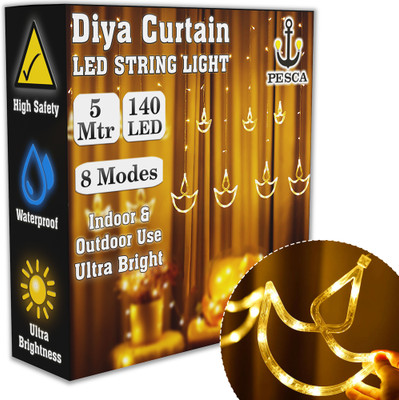 PESCA 140 LEDs 5.08 m Yellow Flickering, Steady Diya Rice Lights(Pack of 1)