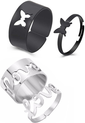 Shiv Jagdamba CMB7789 Valentines Day Couple Promise Matching Butterfly & Love Finger Rings Set Stainless Steel Ring Set