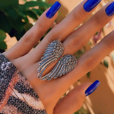 Arzonai retro punk hip hop style single silver wing ring men and women ring Metal Ring