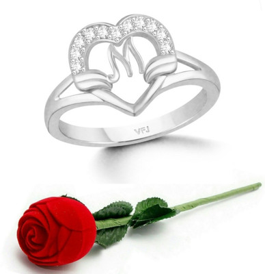 VIGHNAHARTA Valentine '' M '' Letter with heart ring with Rose Box for women and Girls Brass Cubic Zirconia Rhodium Plated Ring Set
