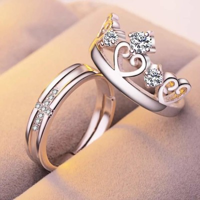 Crazy Fashion Charming & Beautiful King and Queen lovers Adjustable Couple Ring Stainless Steel Cubic Zirconia Silver Plated Ring